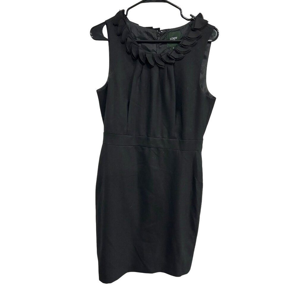 J.Crew Black Sleeveless Sheath Dress Ruffle Neckline Womens Size 10 Wool Blend